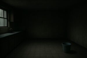 異様に暗いキッチン。右端には水の張ったバケツが置かれている。